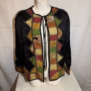 Allure Boho Patchwork Rayon Jacket Top Missy Small Tapestry Trim Tie Front